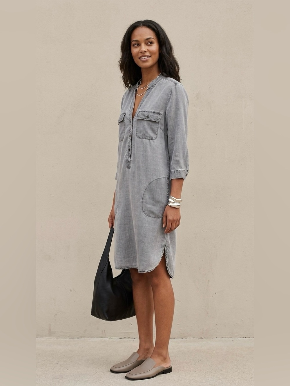 Tibi Grey Denim Tunic Dress Pockets Relaxed Fit Utility Shift Size 6